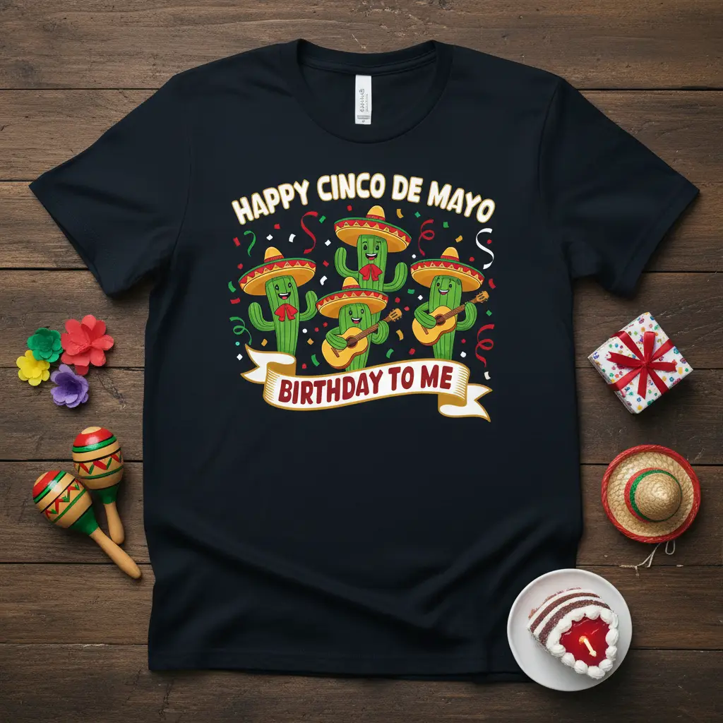 Happy Cinco de Mayo Birthday To Me text with playful cacti band wearing sombreros and playing guitars