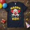 Happy Day! text with a smiling clown graphic and confetti, on a navy t-shirt