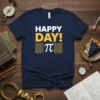 Navy t-shirt with "HAPPY DAY! π" text and pi symbol design, perfect for math lovers and Pi Day celebrations