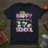 Happy Day of School math t-shirt design with colorful text, school bus, globe, books, and graduation cap