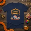 Happy Diwali t-shirt design with two elephants, diyas, and fireworks, featuring festive Indian cultural elements