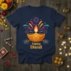 Happy Diwali t-shirt design featuring a glowing diya, fireworks, and festive text in yellow and orange