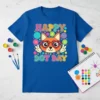 Happy Dot Day t-shirt design with a cute fox wearing heart sunglasses and holding peace signs, surrounded by colorful dots