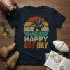 Happy Dot Day t-shirt with a retro football player graphic and colorful dot pattern sunset