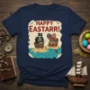 Happy Eastarr! text with pirate ship and treasure chest design on navy blue t-shirt
