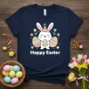 Happy Easter text with a cute cartoon bunny holding an egg, surrounded by colorful Easter eggs and flowers