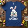 Happy Easter text with a winking bunny wearing a pastel bow, on a navy blue t-shirt