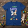 Happy Easter t-shirt design with two cute bunnies holding a colorful puzzle ball and a path of puzzle pieces