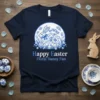 Happy Easter Floral Bunny Fun text with a floral pattern bunny graphic on a navy t-shirt