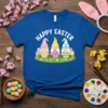 Happy Easter text above three cute gnomes holding Easter eggs, on a royal blue t-shirt