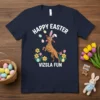 Happy Easter Vizsla Fun t-shirt with a Vizsla dog wearing bunny ears, juggling Easter eggs, surrounded by flowers