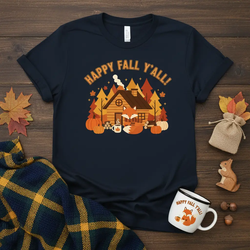 Happy Fall Y'all text with a cute fox, log cabin, pumpkins, and autumn trees graphic
