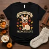 Happy Fall Y'all Frenchie Love t-shirt design featuring a cute French Bulldog wearing a scarf surrounded by fall leaves