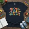 Happy First Day Of School text in retro groovy font with school icons like bus, globe, and books on a
