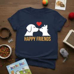 Happy Friends t-shirt design featuring white silhouettes of a dog and cat nuzzling with a red heart above and orange