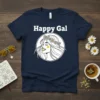 Happy Gal t-shirt with a graphic of a woman wearing a daisy crown and yellow lipstick