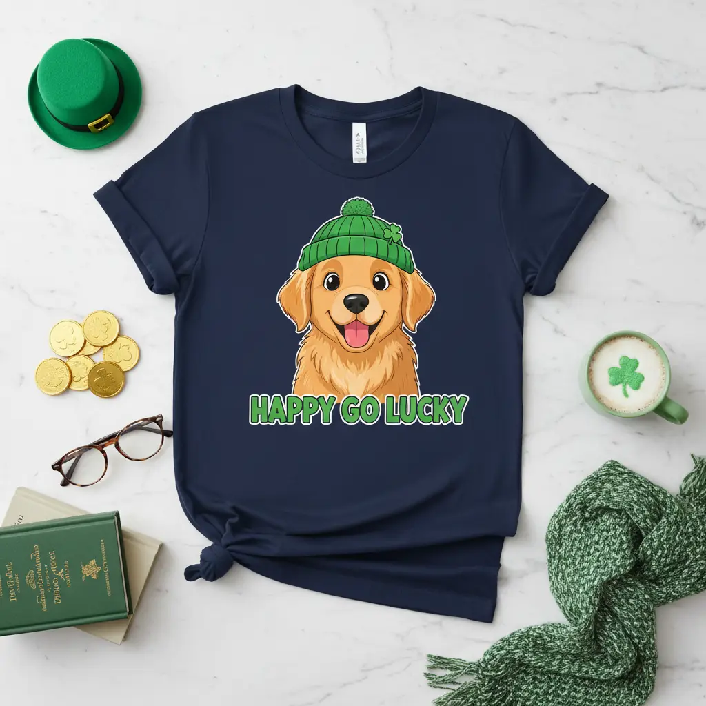 Happy Go Lucky Golden Retriever St. Patrick's Day graphic with festive text and cute dog wearing a green hat