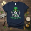 Happy Go Lucky text with a skeleton wearing a leprechaun hat and giving peace signs, St. Patrick's Day themed graphic