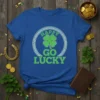 Happy Go Lucky St. Patrick's Day t-shirt with green shamrock and Celtic knot border