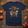 Happy Hallothanksma text with turkey, pumpkin, and Christmas tree design on a navy t-shirt