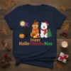 Happy HalloThanksMas T-Shirt design with three dogs in Halloween, Thanksgiving, and Christmas costumes. Includes pumpkin, moon, and festive text
