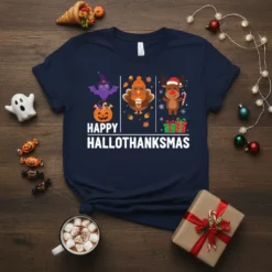 Happy Hallothanksmas t-shirt design featuring a bat, turkey, and reindeer with holiday icons and text