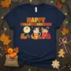 Happy Hallothanksxmas t-shirt with ghost, pumpkins, hot cocoa, and gingerbread man graphics