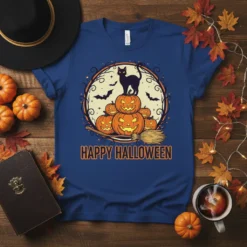Happy Halloween text with a black cat on pumpkins and a broom graphic, perfect for Halloween lovers