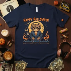 Happy Halloween text above a cool cat wearing sunglasses and headphones, DJing on turntables, with pumpkins and flames