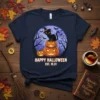 Happy Halloween Est 10.31 t-shirt design featuring a black cat in a witch hat on pumpkins under a full moon