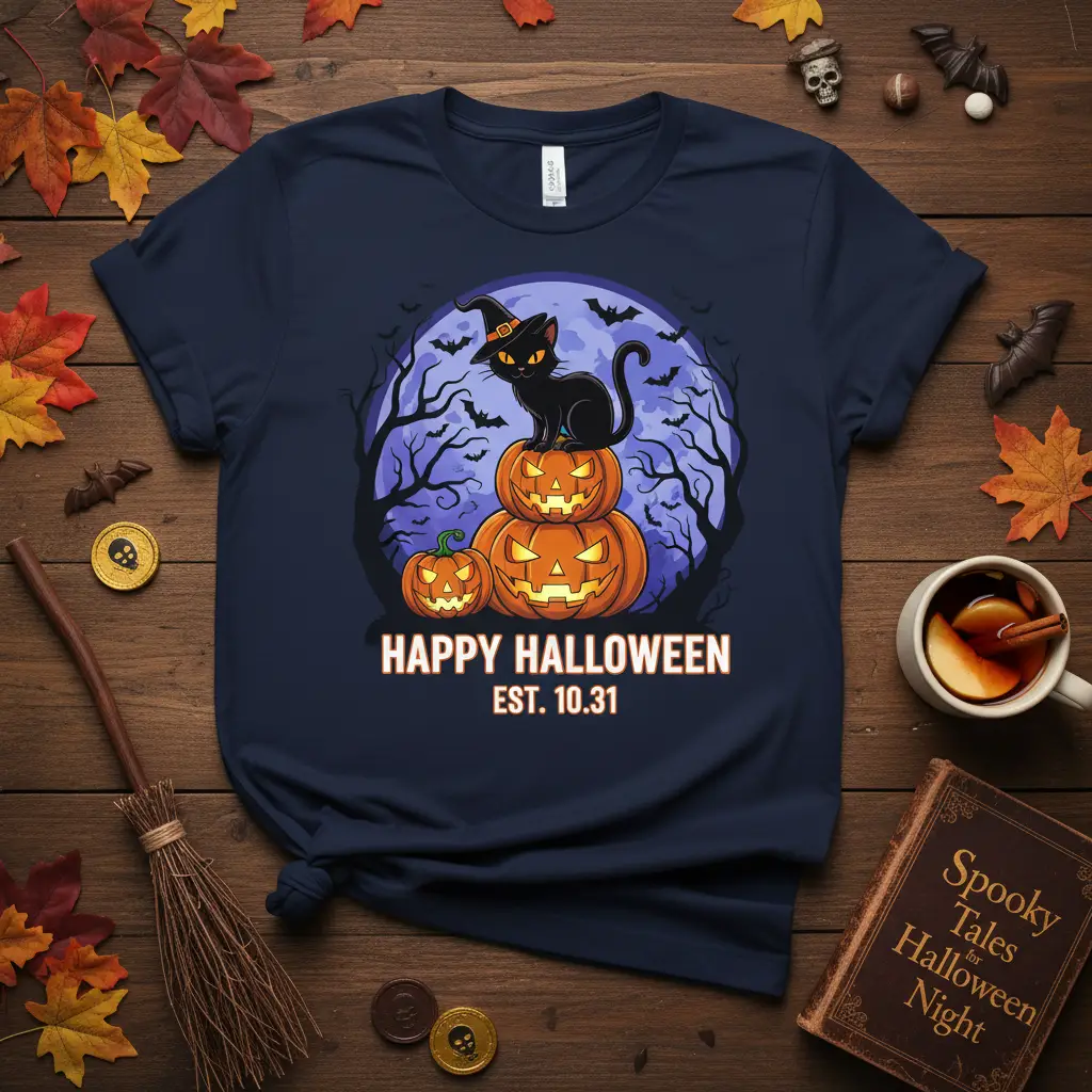 Happy Halloween Est 10.31 text and graphic of a black cat on pumpkins for spooky season apparel