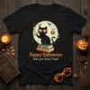 Happy Halloween from your Feline Friend t-shirt with black cat, ghost, pumpkin, and books graphic