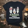 Happy Halloween t-shirt design with three ghosts holding flowers and a pumpkin, set against a graveyard backdrop