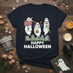 Happy Halloween t-shirt design with three ghosts holding flowers and a pumpkin, set against a graveyard backdrop