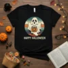 Happy Halloween text with a vintage ghost holding a pumpkin candy bucket design on a black t-shirt