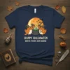 Happy Halloween Hocus Pocus Hen House t-shirt design with four cartoon chickens wearing witch hats around a cauldron under a