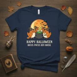 Happy Halloween Hocus Pocus Hen House t-shirt design with four cartoon chickens wearing witch hats around a cauldron under a