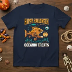 Happy Halloween Oceanic Treats t-shirt design with a cartoon anglerfish and Halloween pumpkin lantern