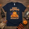 Happy Halloween October 31st t-shirt with three grinning pumpkins and bats graphic