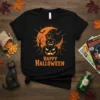 Happy Halloween text with stacked pumpkins graphic, bats, and spooky trees on a black t-shirt