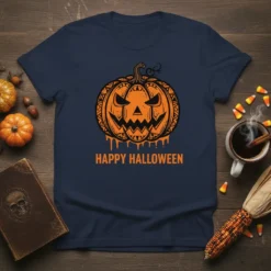 Happy Halloween t-shirt with a stylized jack-o'-lantern design and distressed text