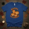 Happy Halloween t-shirt with a circle of four jack-o'-lantern pumpkins in orange and black graphic design