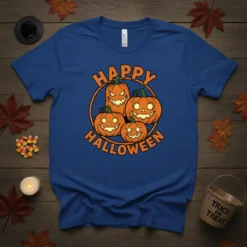 Happy Halloween t-shirt with a circle of four jack-o'-lantern pumpkins in orange and black graphic design