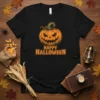 Happy Halloween text with a carved jack-o'-lantern graphic on a black t-shirt