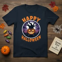 Happy Halloween t-shirt design with a glowing jack-o'-lantern tree and spooky bats against a full moon