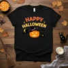 Happy Halloween t-shirt with a jack-o-lantern, witch on a broom, haunted house, and bats