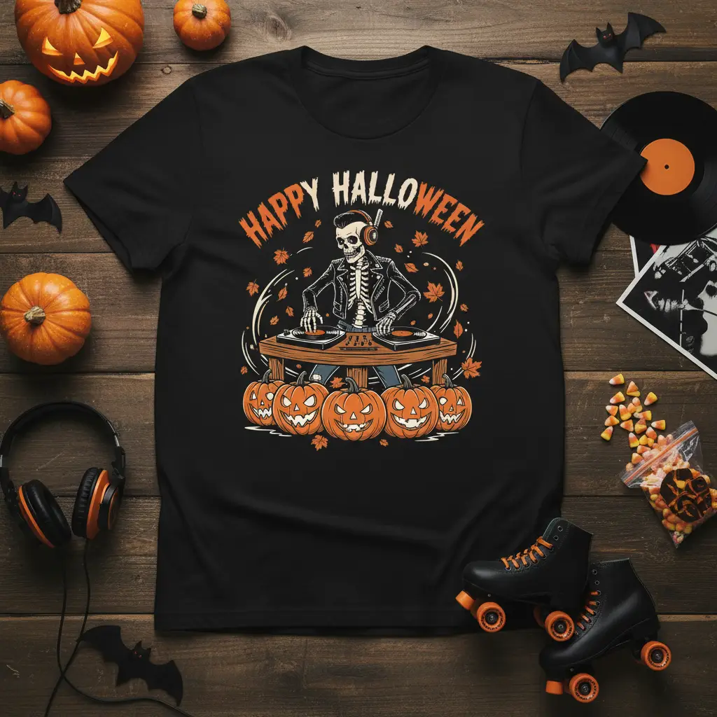Happy Halloween text above a skeleton DJ graphic with pumpkins and autumn leaves on a black tee