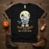 Happy Halloween Skelton Love Story t-shirt with a skeleton couple taking a selfie in front of a full moon