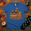 Happy Halloween Spooky Bear Bash text with cute cartoon bears and pumpkins on a blue t-shirt