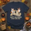 Happy Halloween Spooky Corgi Crew t-shirt design with four corgis in Halloween costumes including a ghost, mummy, witch hat, and